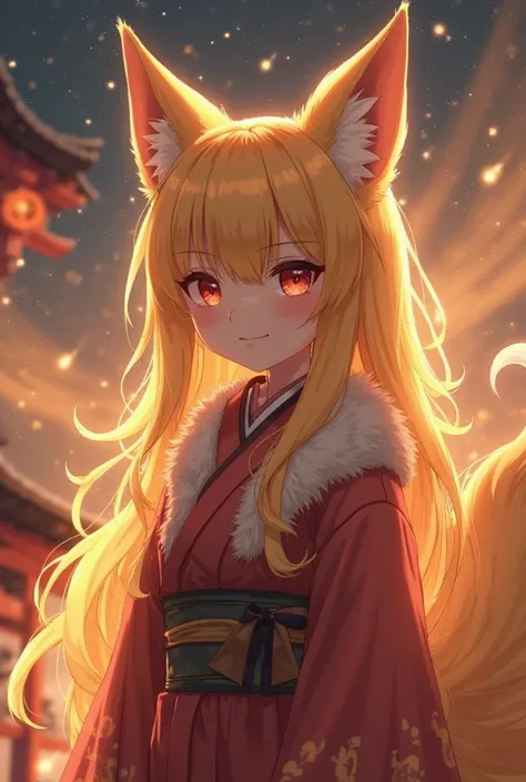 girl fox，was hairy，Golden fur，Golden yellow face fur,long  hair， Cinematic lighting，Red eyes，Super cute face，Brown elements on fur，miko，Beautiful lights and shadows，Ambient light，Ultra-fine fur，Volumetric light，Night,Clouds and stars in the sky,The sky out...