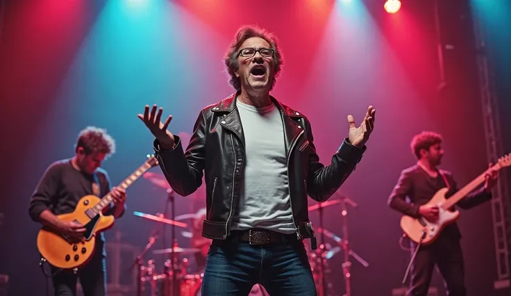 Create a photorealistic image of a 58-year-old rock and roll singer wearing a pair of glasses with a charismatic and energetic presence. He has short, dark brown hair and a confident, rugged face. He is dressed in a classic rock and roll outfit that reflec...