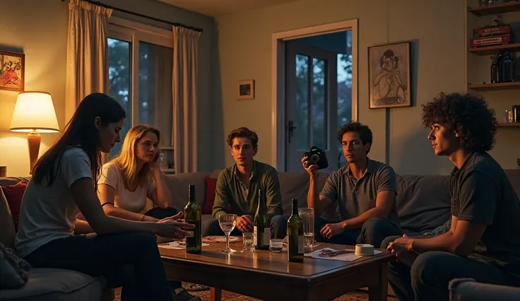  A cozy but cramped apartment living room with dim lighting. Five young adults are gathered: a young woman with dark hair (Maya), a blonde woman with glasses (Jen), a man with a camera (Alex), a man with dark curly hair (Lucas), and a quiet girl sketching ...