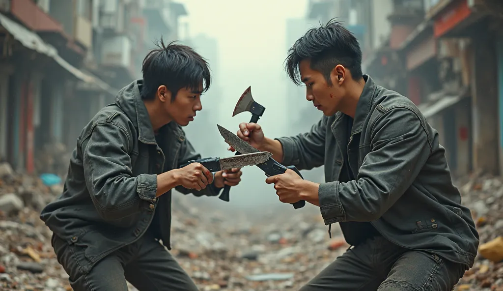 ((Full body photo, charging at each other)) two 20-year-old Korean men, wearing modern casual clothing with leather accents, one holding a tactical knife, the other holding a small axe, bloody faces, bloodied weapons, scarred bodies, urban ruins background...