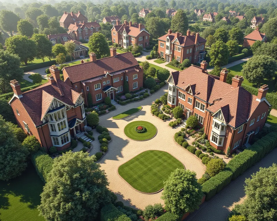 Create realistic and large aerial images of a planned neighborhood with popular houses with English architecture, include in the front a garden of green grass trimmed with trees and flowers. 