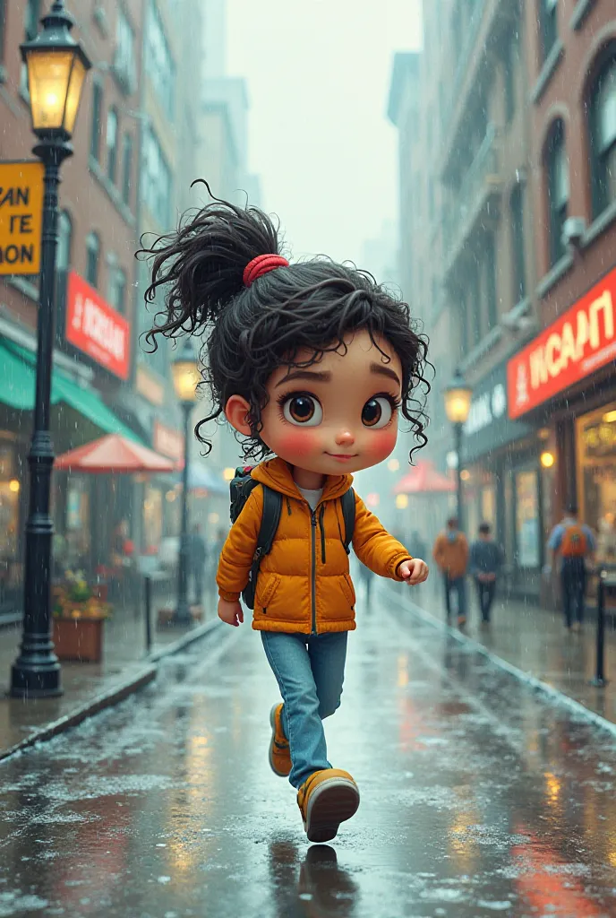 in cartoon tone Carla, a young woman, is walking down the rainy street with a backpack on her back. She seems to be in a hurry, but when she sees Toby, she stops.