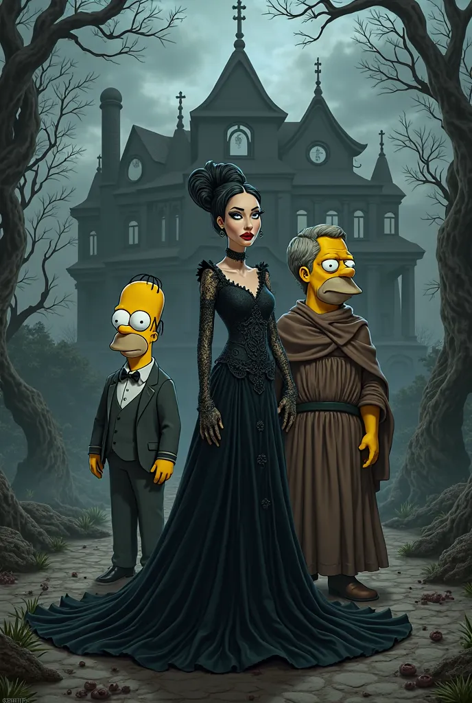 Morticia with Homer and Pericles with their house in the background