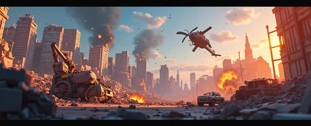 A dynamic YouTube banner in the style of the game Teardown. The scene features a voxel-based city with buildings collapsing, explosions, and debris flying, capturing the game's signature destruction physics. In the foreground, a wrecked vehicle or a constr...