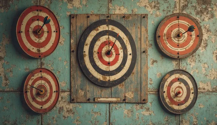 image of a wall with several dart targets , all of them with a dart in the center, image in a retro tone with retro colors