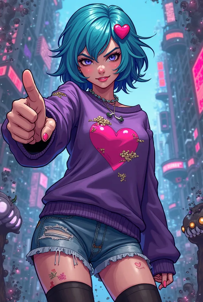 A pixel art illustration of Azucarilla, a vibrant and rebellious girl with short blue hair, a heart-shaped hair clip, and a ripped purple sweater with a heart in the center. She wears distressed denim shorts, black thigh-high stockings, and purple sneakers...