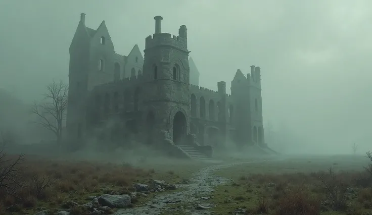 A gloomy landscape with castle ruins without people 