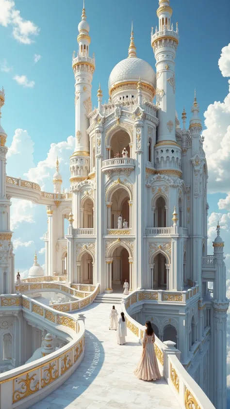 Ultra-realistic, hyper-detailed **celestial palace exterior**, a masterpiece of **white-gold marble architecture with intricate engravings, towering arched windows, and crystal balconies**. The castle stands majestically above the **heavens, surrounded by ...