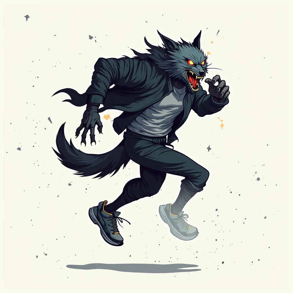 Logo of an evil human wolf running, with sneakers and running clothes. sideways. a little simpler
