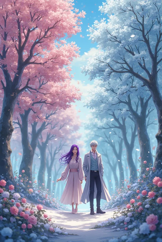 Two seasons in one photo, a purple haired woman in the middle of spring and A silver haired man in the middle of winter, anime, stylish clothing, forest