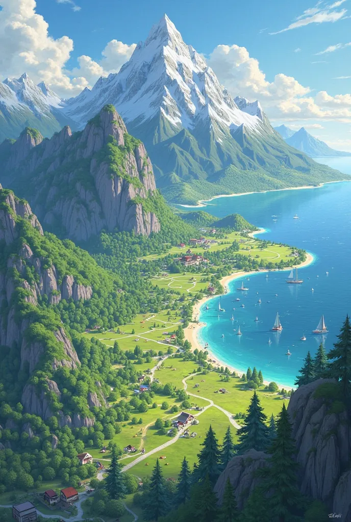 Can you draw me an island with vast mountains with large prairies and harbors, where everyone who is in greenery lives happily 