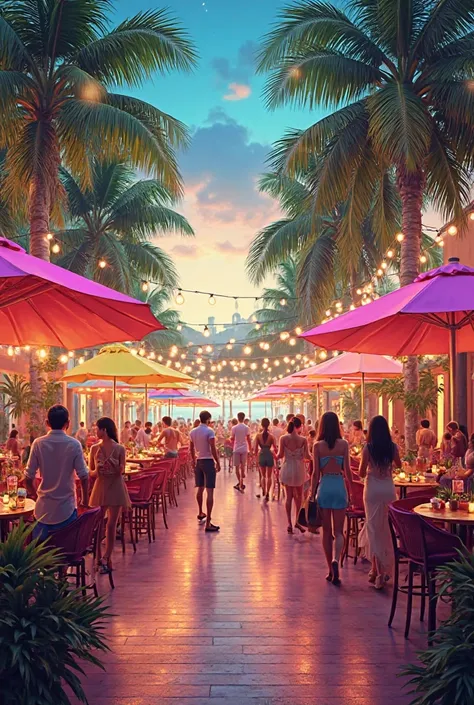 Make a post announcing the grand opening of a club with vibrant colors, umbrellas, coconut trees, these elements.