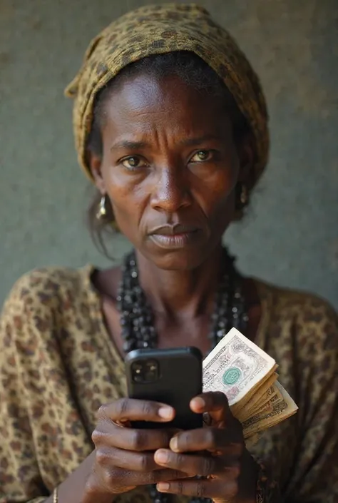 Téléphone endroid dans la main d'une maigre femme africaine avec beaucoup de billets d'argent 