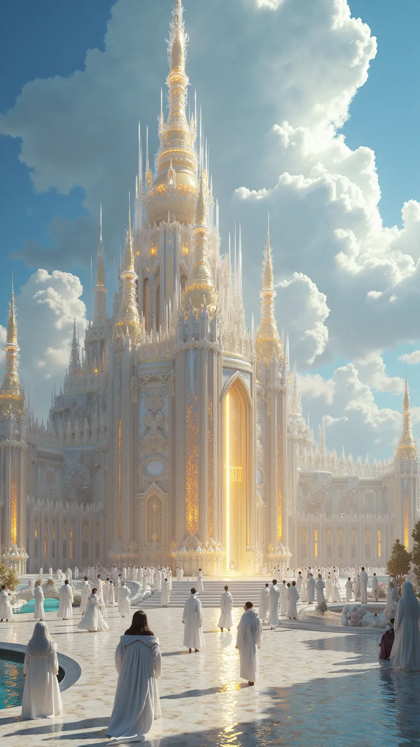 Ultra-realistic, hyper-detailed **celestial kingdom palace**, an entirely new architectural wonder inspired by divine perfection. Instead of classic domes, this castle features **tall, crystalline spires reflecting the light of heaven**, **glass-like walls...