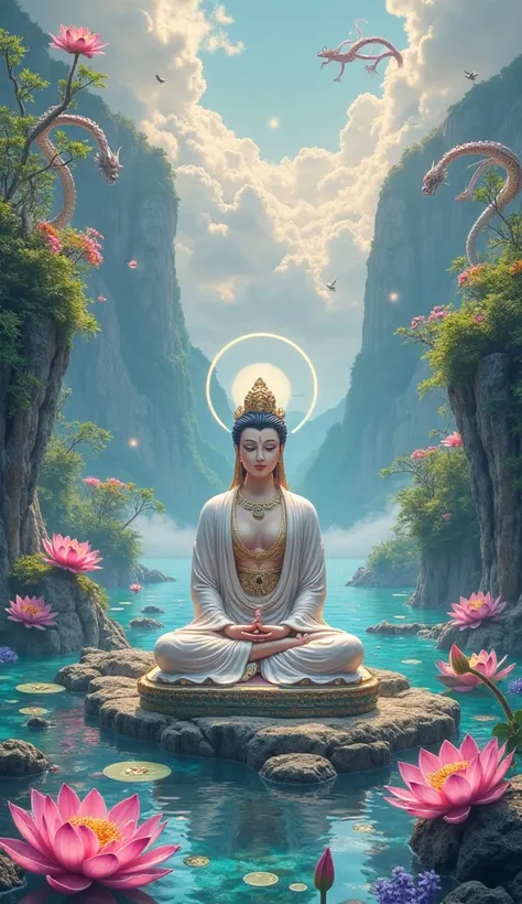 (Image of Bodhisattva Guanyin meditating in a beautiful space with jade, crystal, diamond cliffs, tall with colorful plants growing on it, clear water with blue lotus, red lotus, purple lotus, yellow lotus, purple lotus, pink lotus, halo shining around, ma...