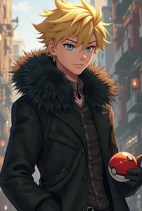 blond young man wearing a black coat with a fur collar holding a Pokeball