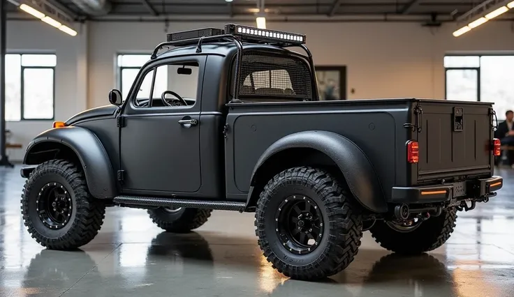 "A highly detailed, ultra-realistic full right-side view of a modified Volkswagen Beetle 4x4 pickup truck. The vehicle showcases an aggressive off-road build with a matte black finish, wide fender flares, and a raised suspension for extreme terrain capabil...