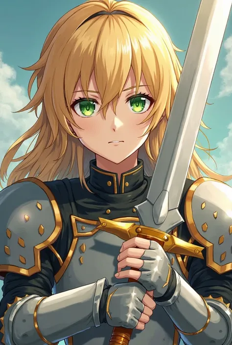 blond knight, Anime Style, in heroic pose, inspiring, Epic, green eyes, wearing a sword, your illustration style must be the same as that of the game Fate Grand Order, your art style must be the same as that of the artist Takashi Takeuchi, the illustration...