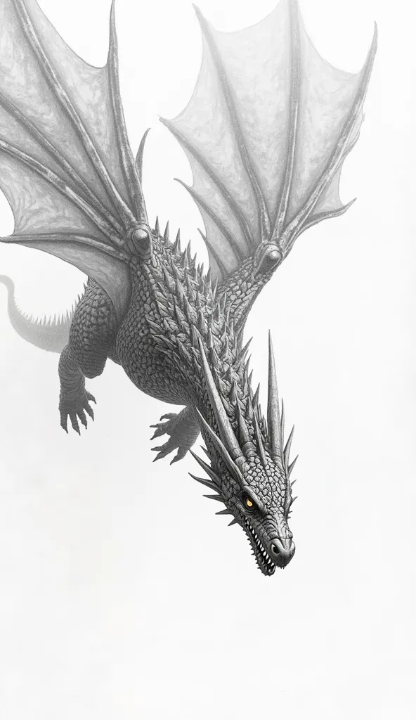 a realistic style dragon, like the dragon from the Game of Thrones series, with high details on the scales, but the dragon must be in a position like plummeting with its head down, with wings extended backwards, it would basically be with its head down as ...