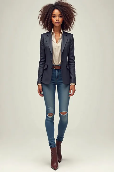 Appearance: slim stature, slightly shorter than shoulder-length, extremely curly hair ,  penetrating eyes , fair skin and long,  painted fingernails . About 1,65 m tall and 22 years old.
Clothing: Wear a blazer over a shirt, blue skinny jeans and boots, wi...