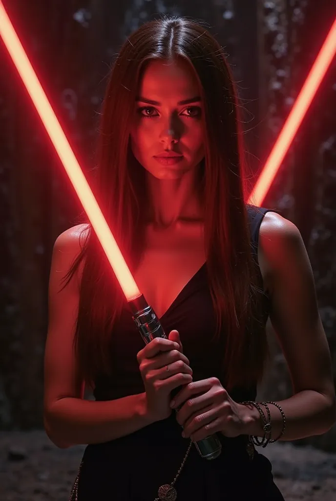 A woman with long, straight, dark brown hair and the bright, intense Sith eyes typical of Star Wars. She looks like Natalie Portman. She wears an elegant black dress, inspired by Padmé Amidala's costumes, with luxurious details and a sophisticated design. ...