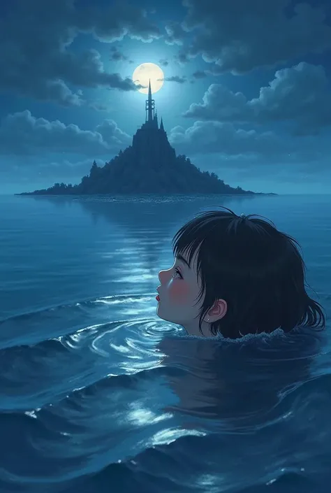 A age girl looking at an island at night waning moon looking into the sea in the water with her head outside the water 