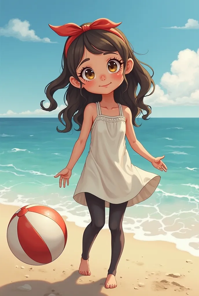   girl, playing on a beach with a ball on the seashore. The girl has Roman features,  thin, with long wavy hair tied with a red headband. Her eyes are big and gold-colored . Wear a simple white beach dress with black tights.