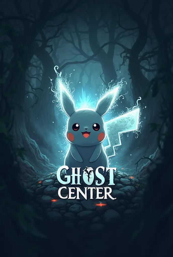 Make a Pokémon-inspired logo with the phrase "Ghost Center" to the center of the image, Pikachu 