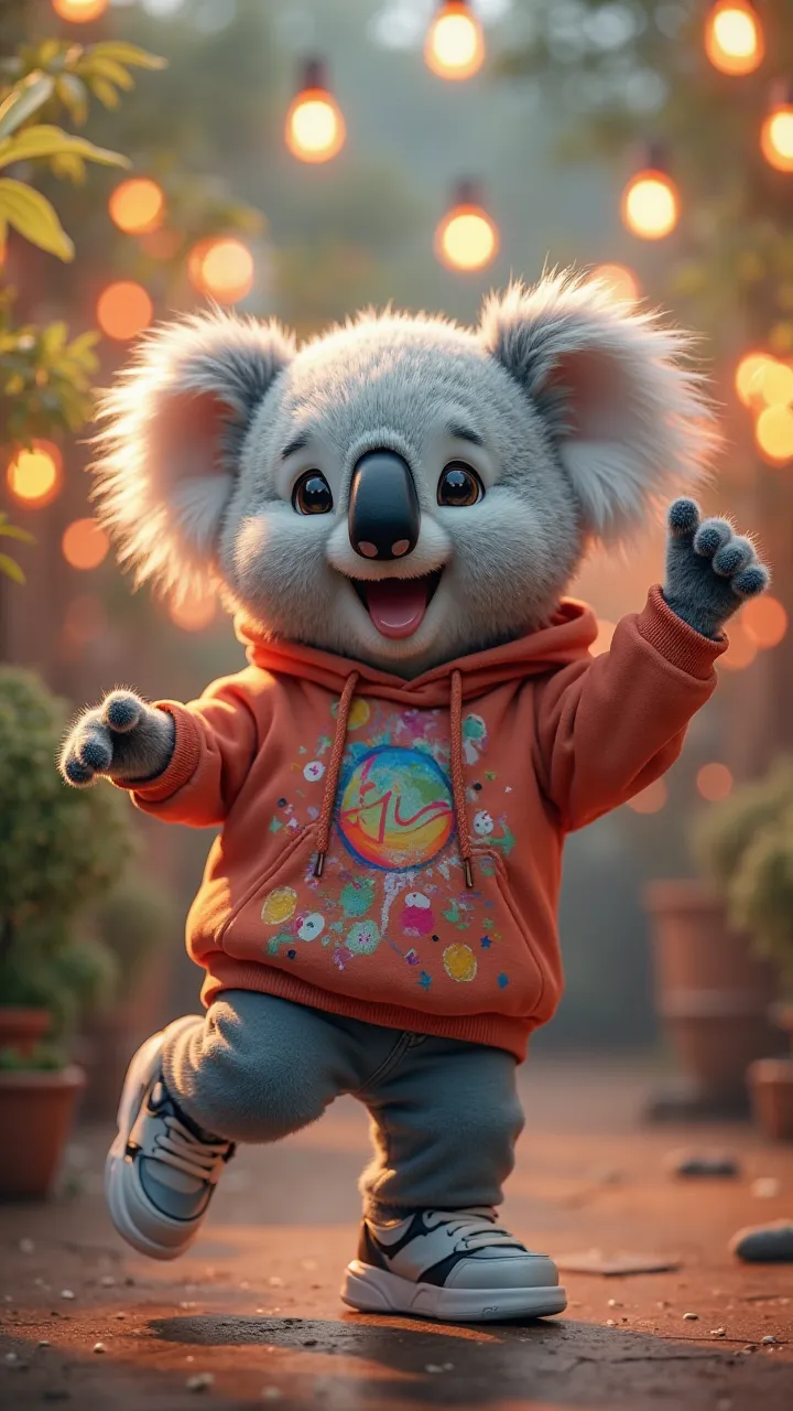 	A cute koala wearing a colorful sweatshirt and modern sneakers, dancing step to electronic music at an outdoor party.
