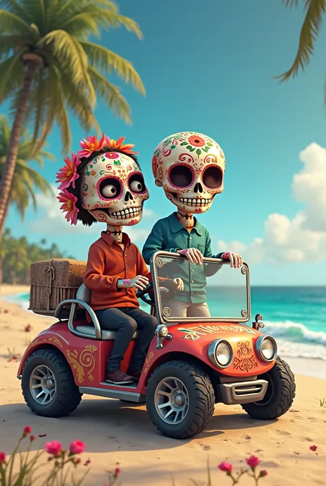 Create an image of two animated Mexican skulls on top of a golf cart with a beach background