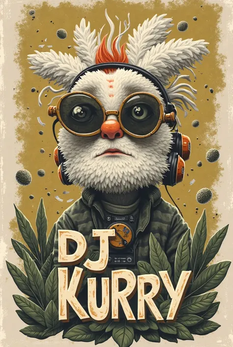 “DJ KURRY”
inscription in the middle of the screen (as a form for a business card idea) with a wacky style and with colors like Mocha/white - and olive green