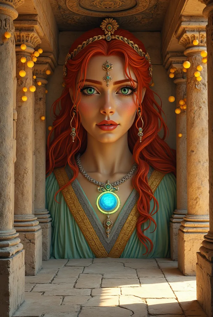  cinematic shooting , View from afar. image of a goddess with red hair and green eyes. divine ornaments.  A round pendant glowing blue hangs around the neck on a silver chain. the goddess represents fertility and yield. the image is painted on the wall of ...