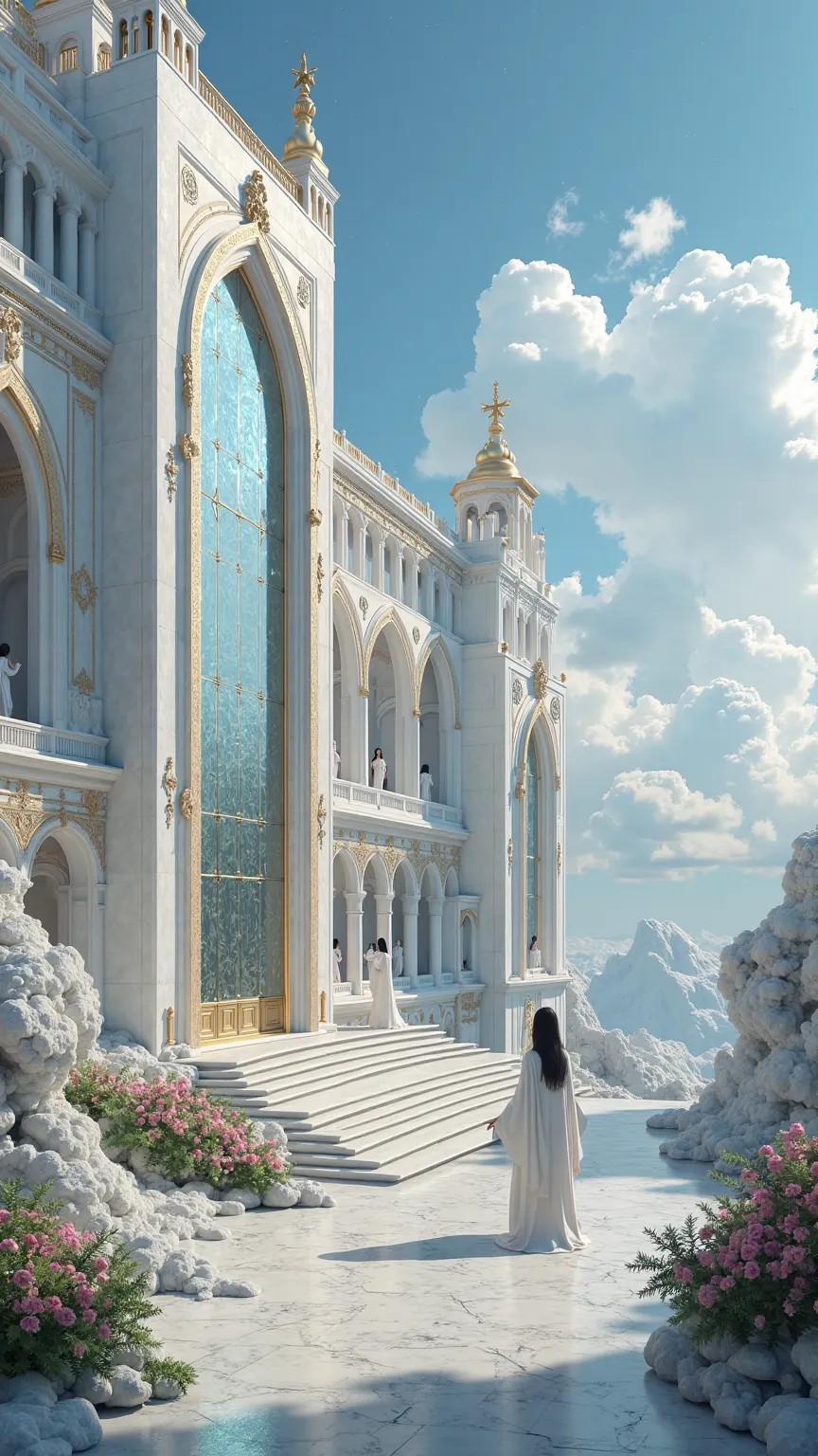 Ultra-realistic, hyper-detailed **celestial marble castle** dominates a divine landscape in the Kingdom of Heaven. Constructed entirely of flawless white marble with intricate golden engravings, the castle features **massive mirrored glass doors** that gle...