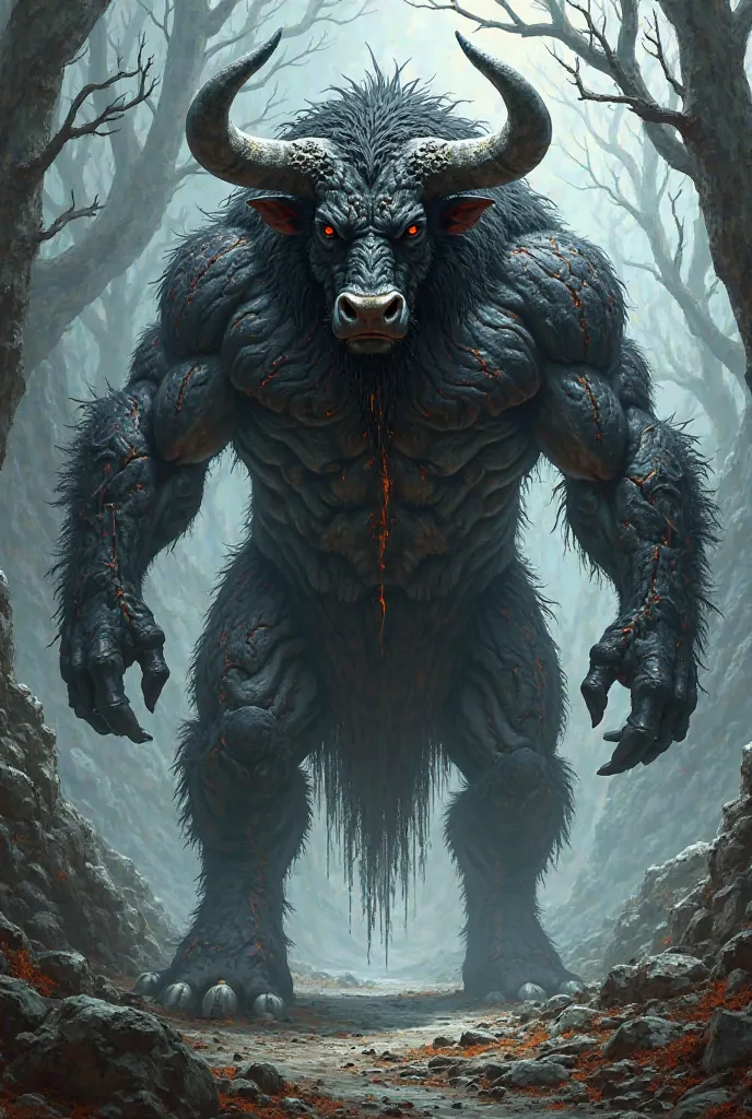 Create a realistic illustration of a minotaur with black veins running through its body 