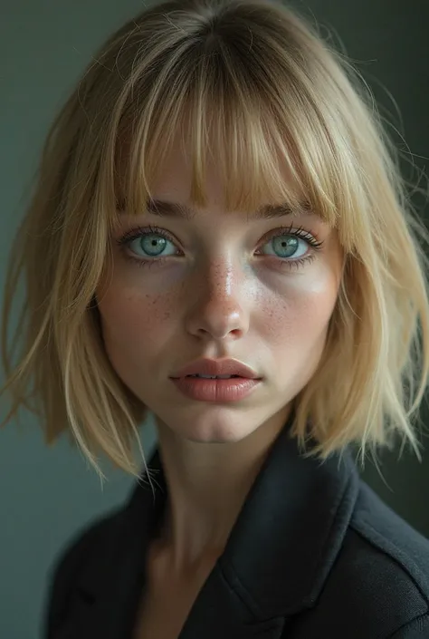 I'm an adult , blonde, Abundant Bob cut, with short bangs, blue eyes, high, full lips. My daughter very long brown hair, green eyes, high,  thin. Dystopian scenario. Make the eyes stand out.  Beauty. wrinkle-free