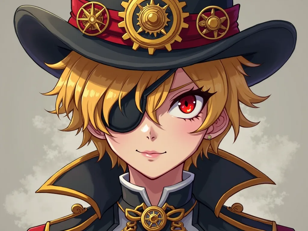 RPG style (artistic similar to Vox Machina): a 17-year-old boy with blond hair, a red left eye, and an eyepatch over his right eye. He wears a top hat with a clockwork design and a rich monarch-class outfit adorned with gear details. The character has a mi...