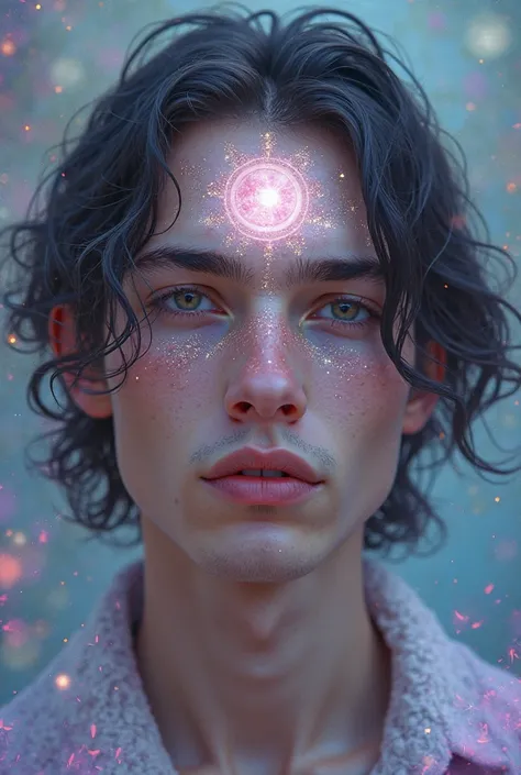 Portrait of a young man with a fascinating beauty and a mystical aura. His loose hair frames his face, and his gaze reflects wisdom and depth. His skin has subtle details with intricate psychedelic patterns,  creating an impressive visual effect . The back...