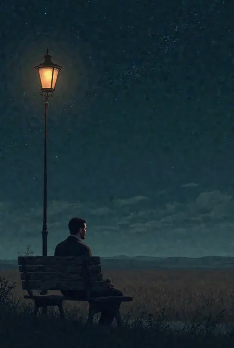 A man sitting and looking in a lonely at the endless field and the dark night sky filled with stars in a bench with a street lamp beside the bench