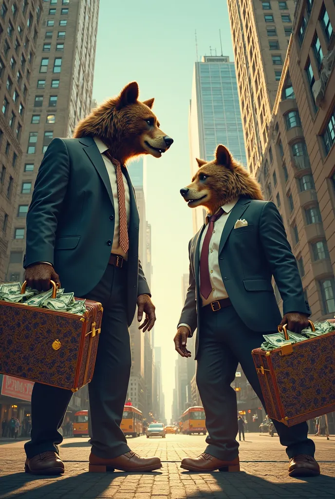 Bear and Wolf Wall Street with suitcases of money