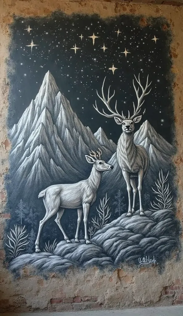 On an old wall, a mountain with a deer and stars is drawn with chalk.. 