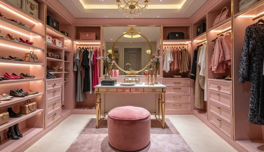 A luxurious walk-in closet designed like a high-end boutique, with custom-built pink shelves, gold clothing racks, and LED-lit display cases. Designer handbags, shoes, and accessories are neatly arranged. A stunning vanity area with a gold-framed mirror an...