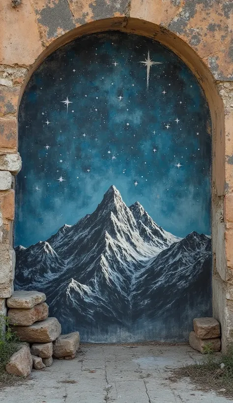 On an old wall, a mountain with stars is drawn with chalk. 