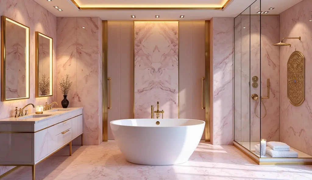 A lavish pink marble bathroom with a freestanding gold-accented bathtub at the center. The walls feature soft pink quartz tiles, and a double vanity with illuminated mirrors provides a sleek, modern touch. A glass-enclosed rain shower with intricate gold d...