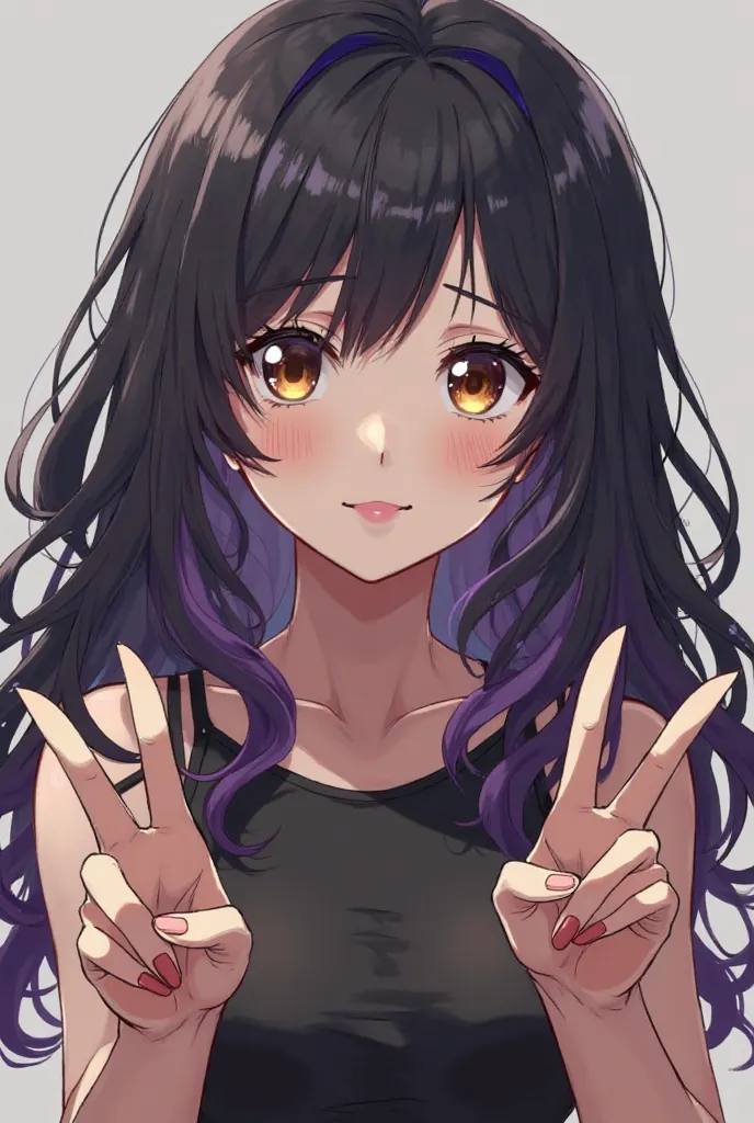 Screenshot of a 16-year-old girl from My Hero Academia,  Of light dark leather , with black hair with purple highlights, wavy and long,  with brown eyes, smiling and making the peace gesture with his fingers (✌🏻). He has a black shirt with thin straps