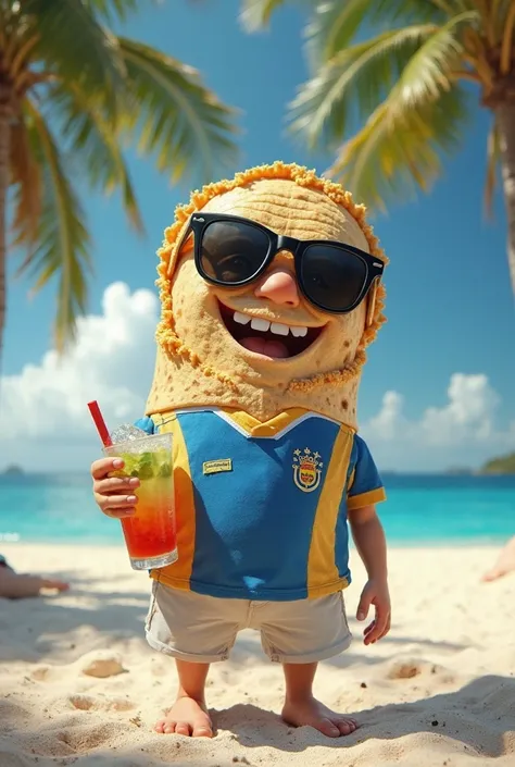 Create a character of a flour tortilla in the shape of a gunshot, with a big smile and wearing dark sunglasses. He's wearing a shirt from the Honduras soccer team, with the colors blue and white. The shot is in a cool and relaxed environment, surrounded by...