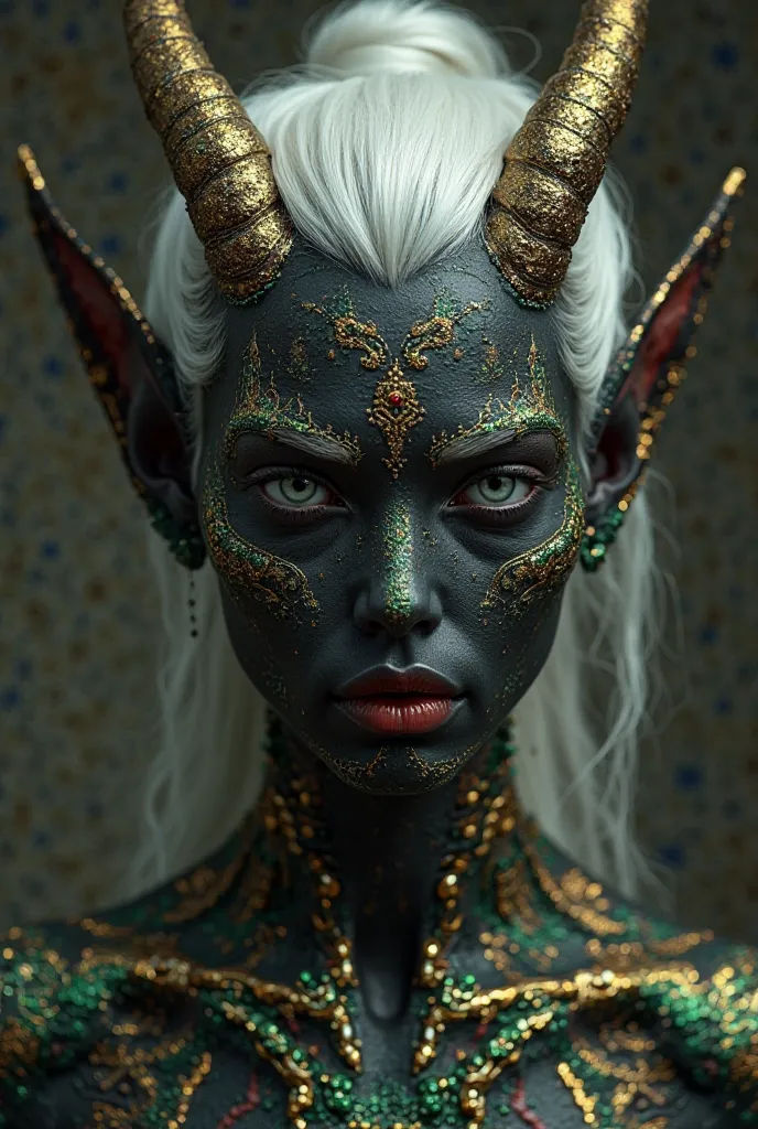 Image of an asian deman ......rakshash which has black skin and also shimmering glitter skin strips on face arms waist and legs...the colors are golden green and silver its a woman demon..she has white hair white eyes full and has small horns on her head s...