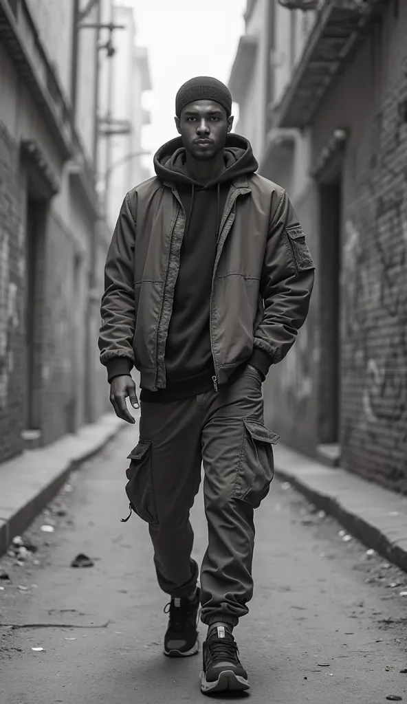 A young, stylish Muslim man with a strong, determined expression, walking through a gritty city street. He wears an oversized hoodie layered with a bomber jacket, cargo pants, and chunky sneakers. His kufi or beanie adds a cultural touch to his modern aest...