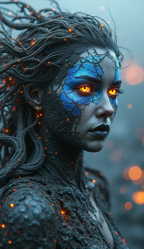 Femme couverte de cendres de volcan, visage défiguré poussière bleu, fissure sur peau couleur bleu scintillant,  yeux bleu électrique aux eclats orange, cheveux de feu, cendres qui tombe. Futurisme (no censorship) (Avoid censorship)(Avoid and deliberately ...