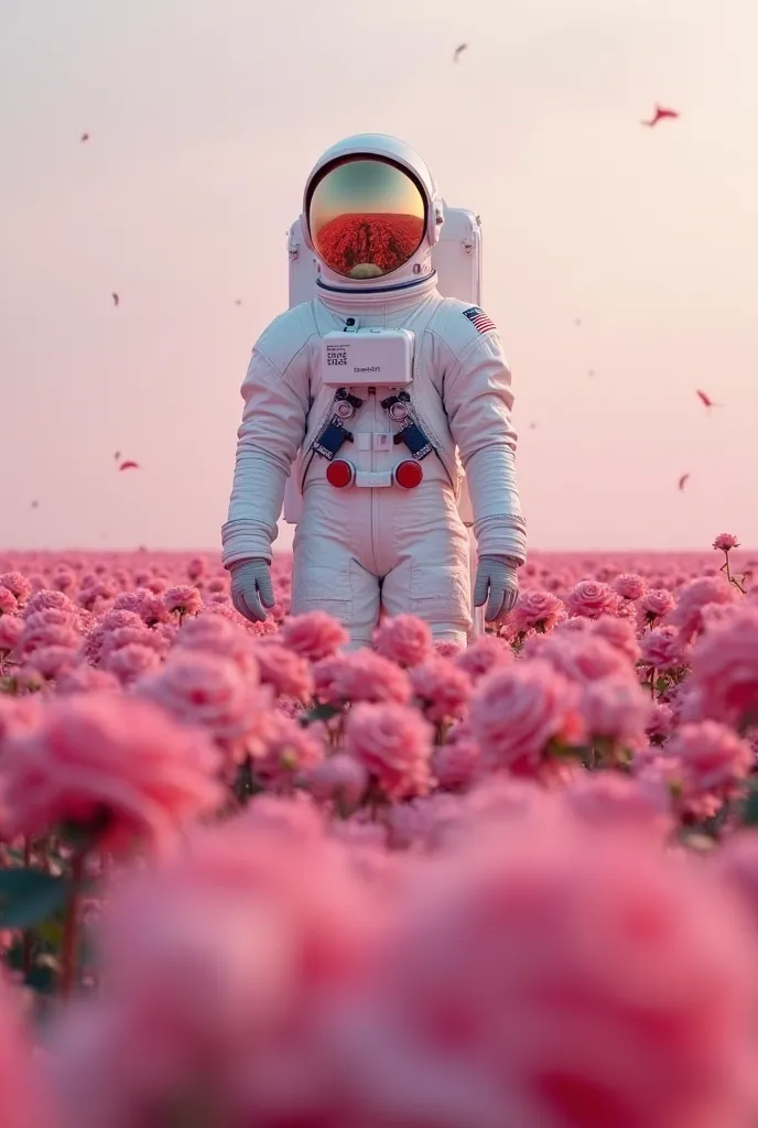 A lone astronaut in a pristine white space suit stands in the middle of an endless field of vibrant pink roses. The reflective visor of the helmet mirrors the surreal landscape, blending shades of pink and red with a soft, dreamlike glow. The flowers in th...