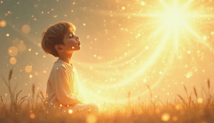 A boy with a serene and pure appearance, with soft hair and calm expression, surrounded by an aura of soft golden light that emanates from his body, symbolizing spiritual purity and divine connection. The  is in an ethereal environment, with a landscape of...